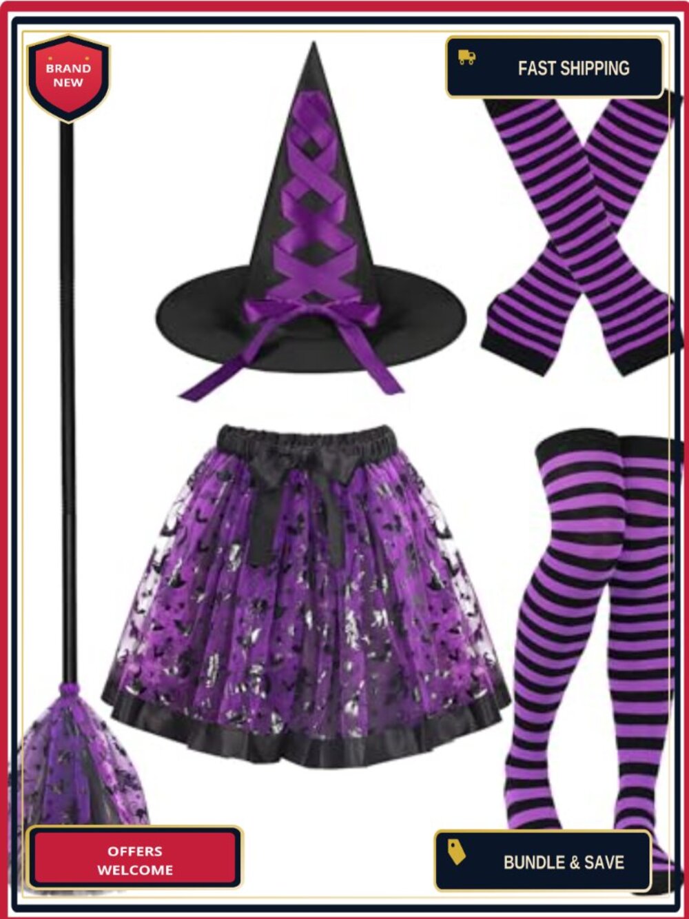Witch Costume Set 5 Pc Tutu Skirt Striped Thigh Socks Gloves Hat Broomstick